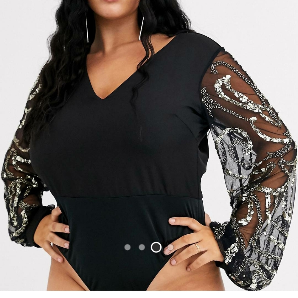 Chic Black Bodysuit with Silver Embellished Sleeves